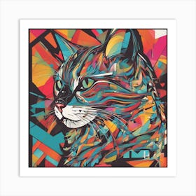 An Image Of A Cat With Letters On A Black Background, In The Style Of Bold Lines, Vivid Colors, Grap (13) Art Print