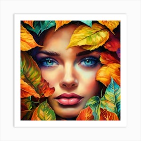 Autumn Leaves On A Woman Face Art Print