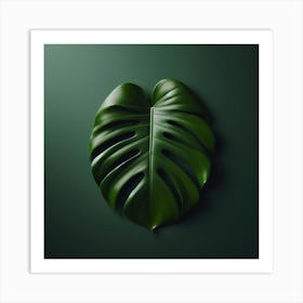 Monstera Leaf On Green Background Art Print