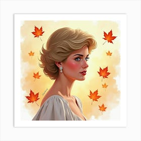 Princess Diana With A Soft Watercolor Background Of Autumn Leaves 1 Art Print