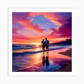 Sunset Couple On The Beach Art Print