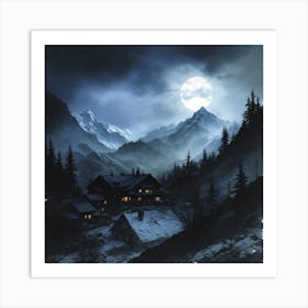 Moonlit Night Over A Mountain Village Art Print