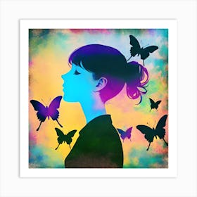 Silhouette Of A Woman With Butterflies Art Print