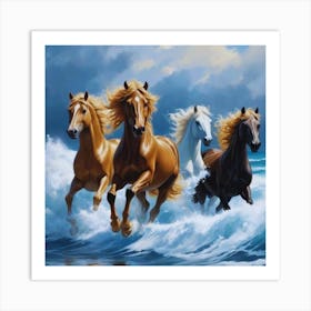 3 Brown and 1 White Horses Running In The Beach Art Print