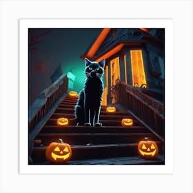 Halloween Cat On The Stairs Art Print
