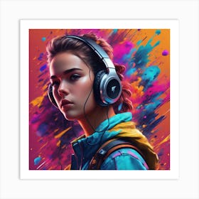 Girl With Headphones Art Print