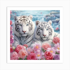 White Tiger And Roses Art Print