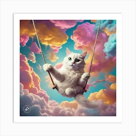 A white cat swinging in clouds Art Print