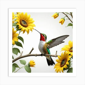 Hummingbird With Sunflowers Art Print