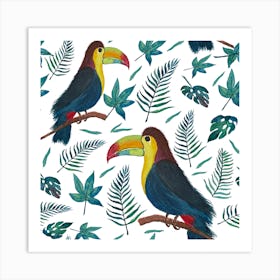 Toucans And Tropical Leaves Seamless Pattern Art Print