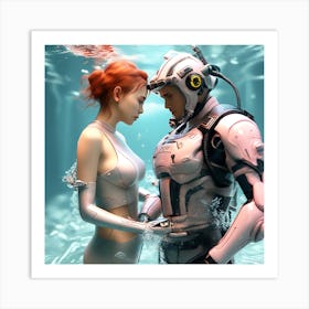 3d Dslr Photography Couples Inside Under The Sea Water Swimming Holding Each Other, Cyberpunk Art, By Krenz Cushart, Both Are Wearing A Futuristic Swimming With Helmet Suit Of Power Armor 3 Art Print