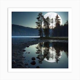 Full Moon Reflected In A Lake Art Print