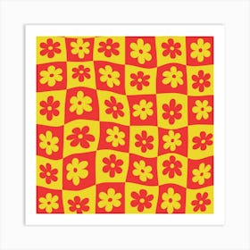 Warped Checkered Red and Yellow Retro Flowers Art Print