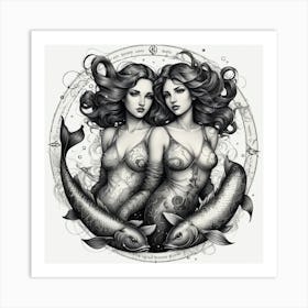 Zodiac Pisces Fish Mermaids Art Print