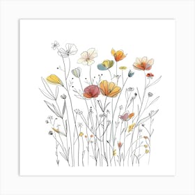 Hand Drawn Wildflowers Line Art 7 Art Print