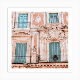 The Pink Building And The Blue Shutters Spain Travel Square Art Print