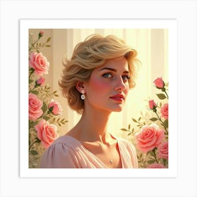 Princess Diana Glowing With Soft Watercolor Roses And Golden Hues Art Print