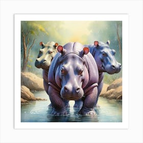 Three Hippopotamus in Water Watercolor Art Print