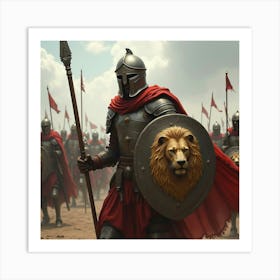 A Warrior Holding A Shield With A Lion Crest In Battle 1 Art Print