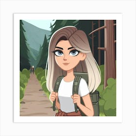 Girl With Backpack In The Woods Art Print