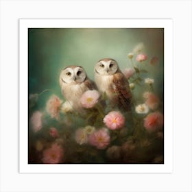 Two Owls In Flowers Art Print