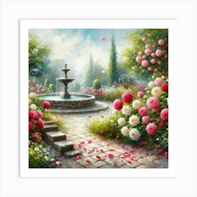 Rose Garden With The Fountain, Acrylic Style Painting 12 Art Print