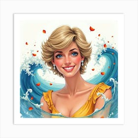 Princess Diana Smiling Amidst Colorful Watercolor Waves And Flower Petals 1 Art Print