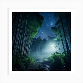 Bamboo Forest Under A Starry Midnight Sky With Dense Fog Weaving Through The Grove Captured Live Ac Art Print