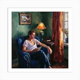 Reading In Blue Chair Art Print