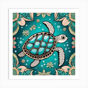 Sea Turtle On A Turquoise Background Art Print