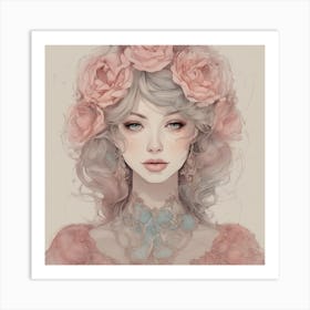 Pretty Girl With Roses Art Print