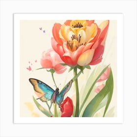 Tulip Rose With A Butterfly Standing On I Art Print