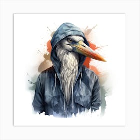 Watercolour Cartoon Heron In A Hoodie 3 Art Print