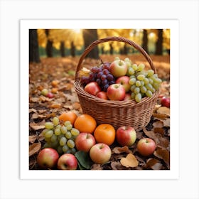 A Wicker Basket Filled With An Abundance Of Ripe Fruits Like Apples, Oranges And Grapes Arranged Neatly On The Ground Surrounded By Leaves 2 Art Print