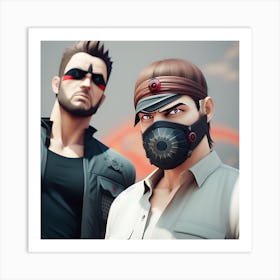 Two Men Wearing Gas Masks Art Print