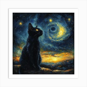 Black Cat Starry Night Art Print