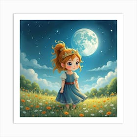 Watercolor Portrait Of Young Queen In A Peaceful, Moonlit Meadow Art Print