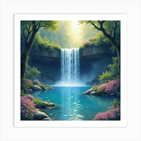 Celestial Waterfall Over An Enchanted Pond, Watercolor 1 Art Print