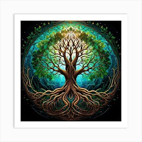 Tree Of Life, A Serene Forest Landscape With Wildlife Living In Harmony Art Print