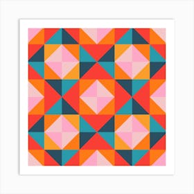 GEOMETRIC SQUARE CHECKERBOARD TILES in Southwestern Desert Colours Coral Orange Blush Pink Teal Blue Art Print