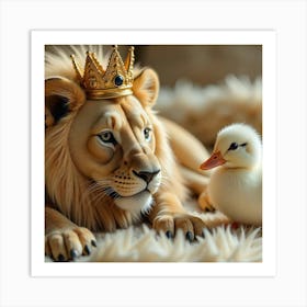 Regal Companions: A Lion and a Duckling 1 Art Print