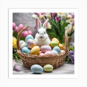 Easter Bunny In Basket With Colorful Eggs Art Print