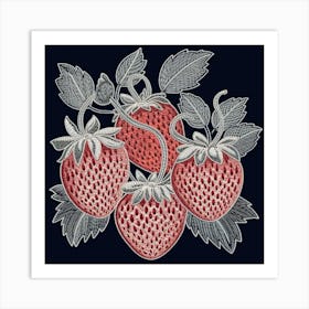 Dark Vintage Line Art of Strawberries Plant Art Print