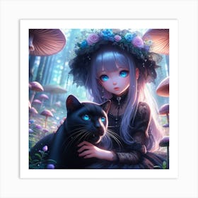 Anime Girl With Black Cat Art Print