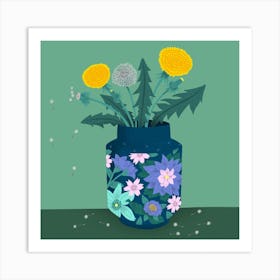 Dandelion Flowers In A Blue Decorated Vase Art Print