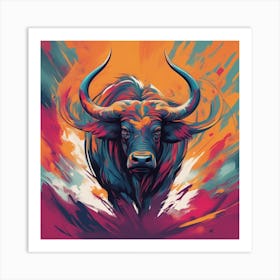 An Abstract Representation Of A Roaring Cape Buffalo, Formed With Bold Brush Strokes And Vibrant Col Art Print