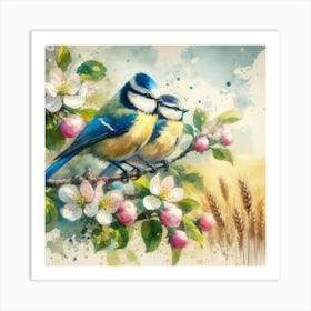 Soft Watercolor Art: Blue Tit, Apple Blossoms, Trees, and Grain Field. Art Print