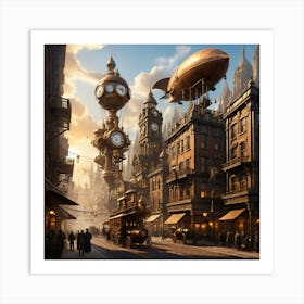 Steampunk City Skyline At Sunrise Art Print