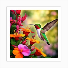 Ruby Throated Hummingbird Wings Vibrating Hastily As It Sips Nectar From A Myriad Of Vibrant Flower 327434654 (1) Art Print