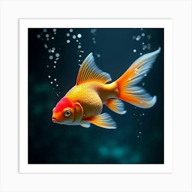 An Abstract Goldfish With Scales Of Flowing, Bioluminescent Light Swimming Through A Magical Pool Art Print